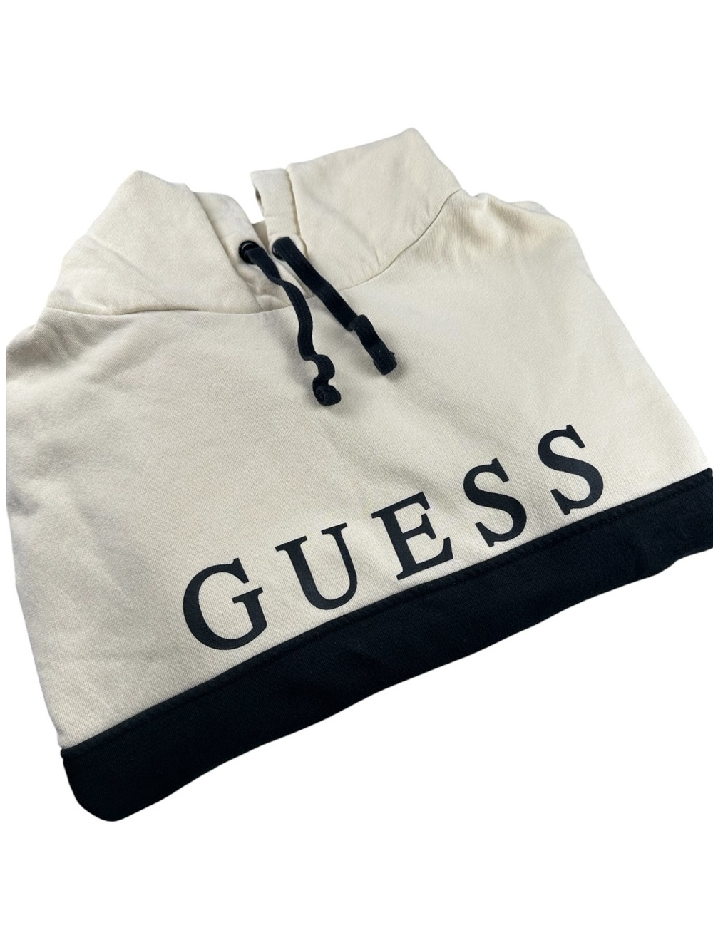 GUESS Colorblock Cropped Logo Hoodie Cream Black Sweatshirt Small - Picture 5 of 9